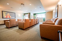 Cozy screening room with rows of armchairs
