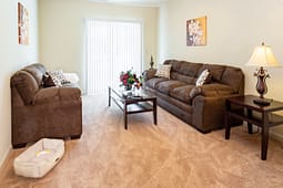 Cozy living room with brown sofas and coffee table