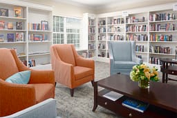 Cozy library reading room with armchairs and bookshelves