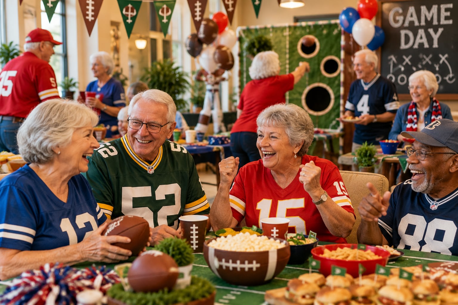 Seniors celebrating at a football-themed game day party