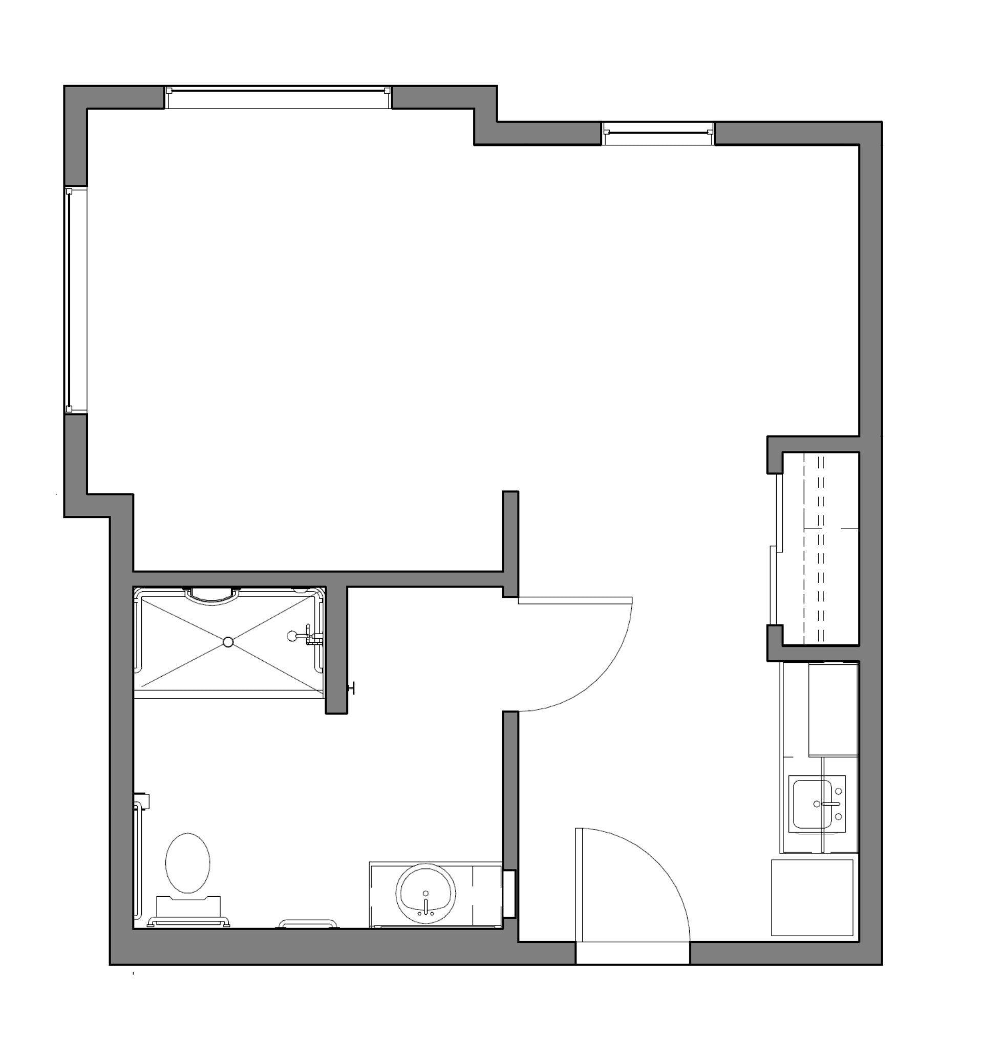 Small apartment floor plan with bathroom and kitchen