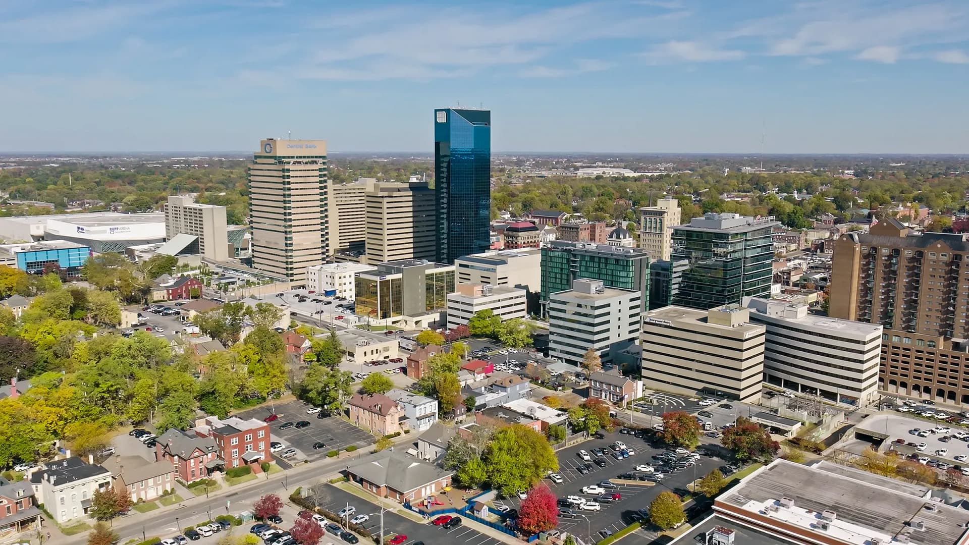 Aerial view of downtown skyline and offices