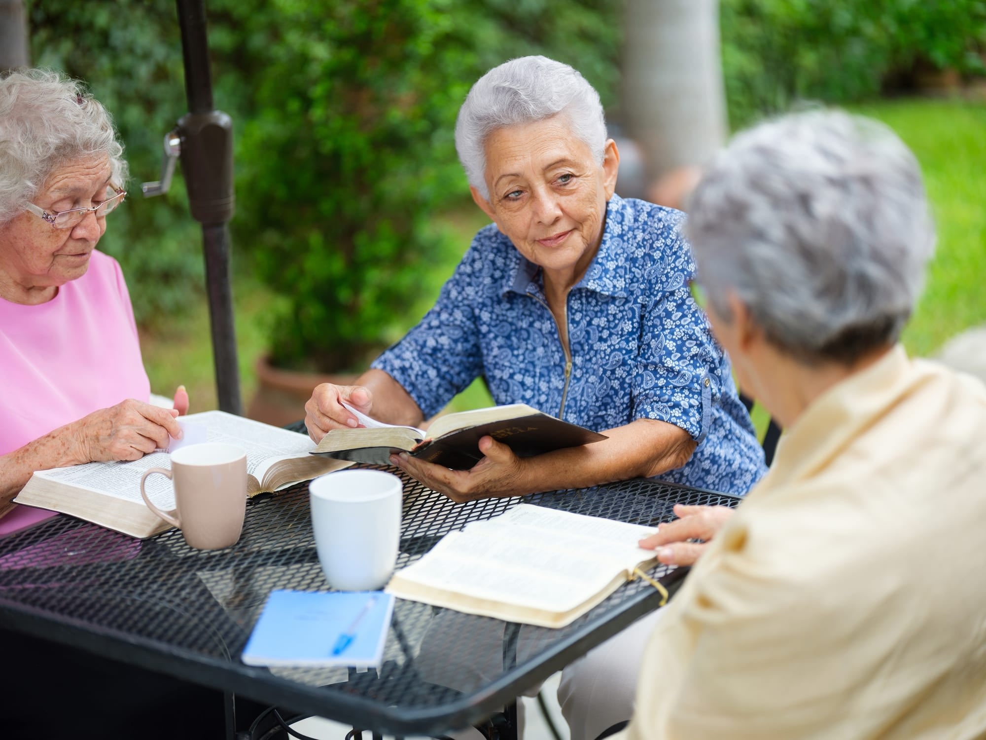 Three seniors sitting around a table looking at books