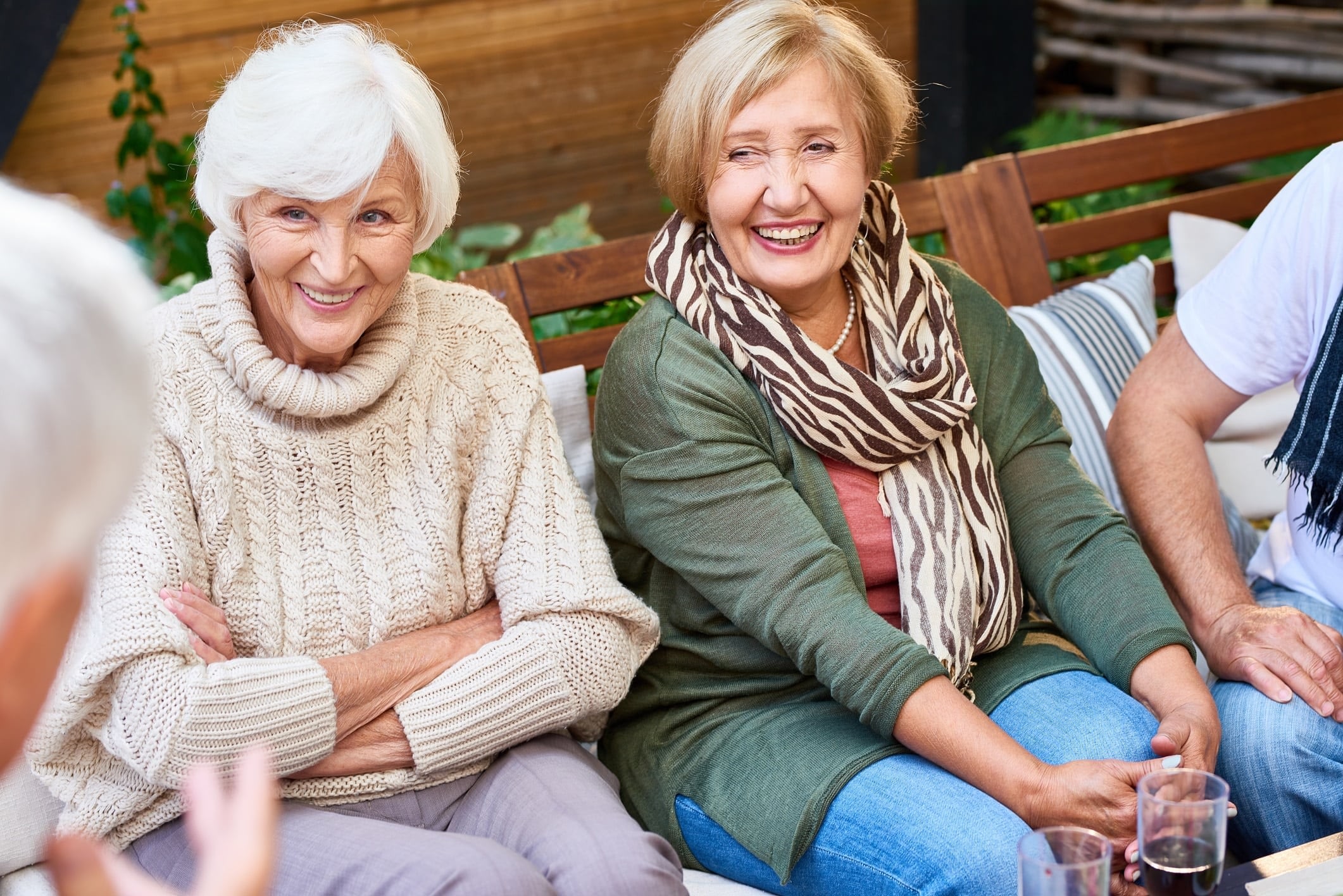 A group of residents outside at Brightwater Senior Living
