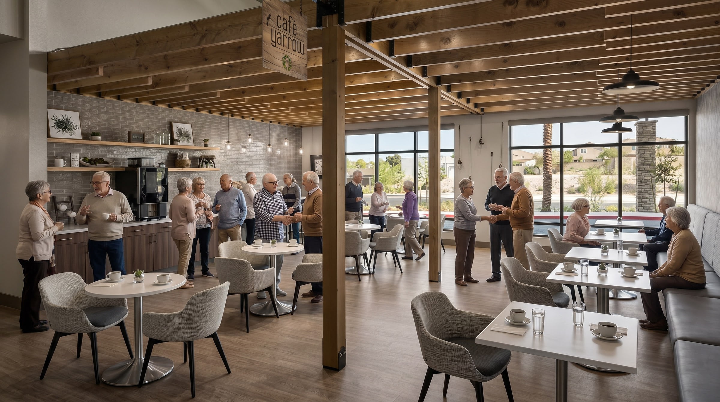 Seniors socializing in a modern cafe interior