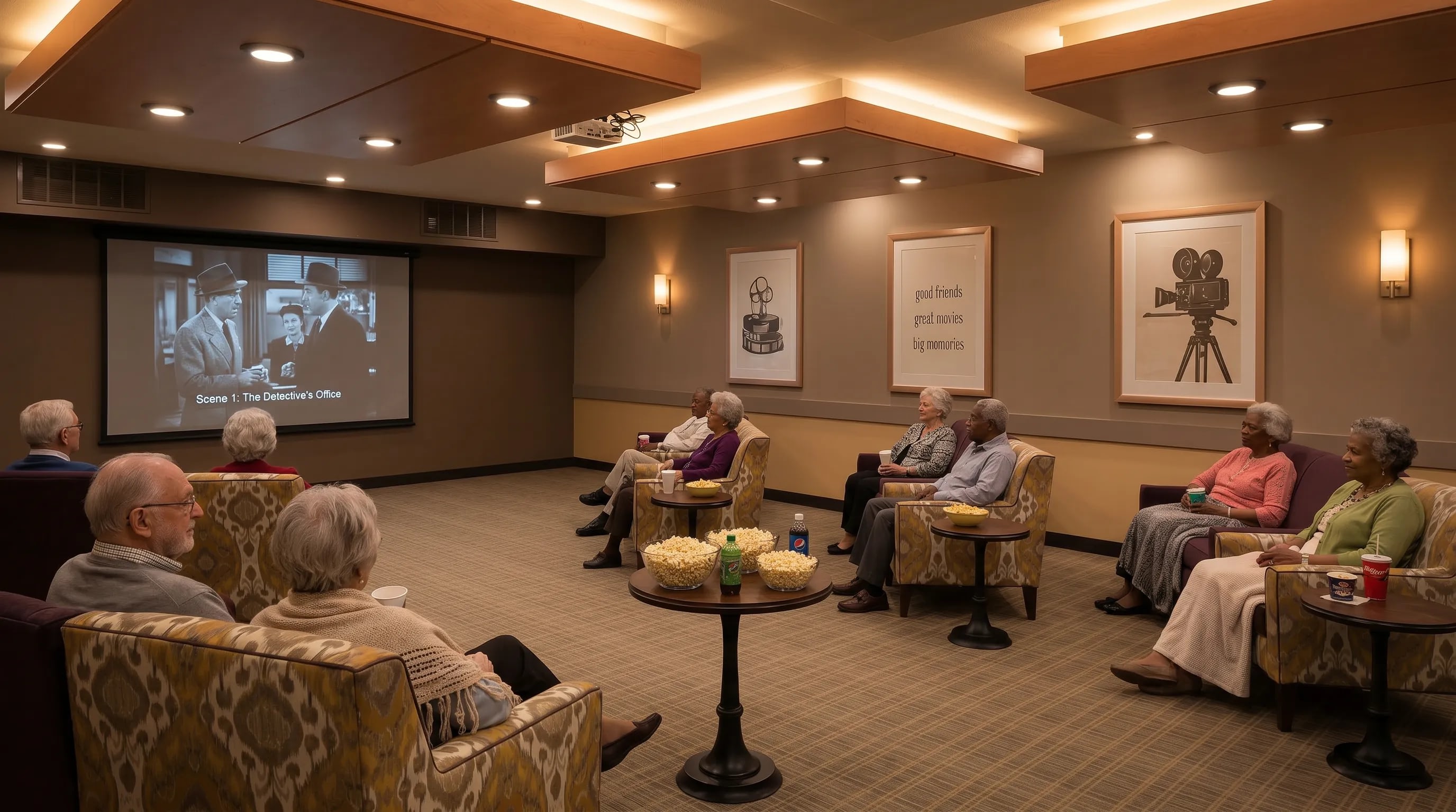 Seniors watching classic movie in cozy lounge