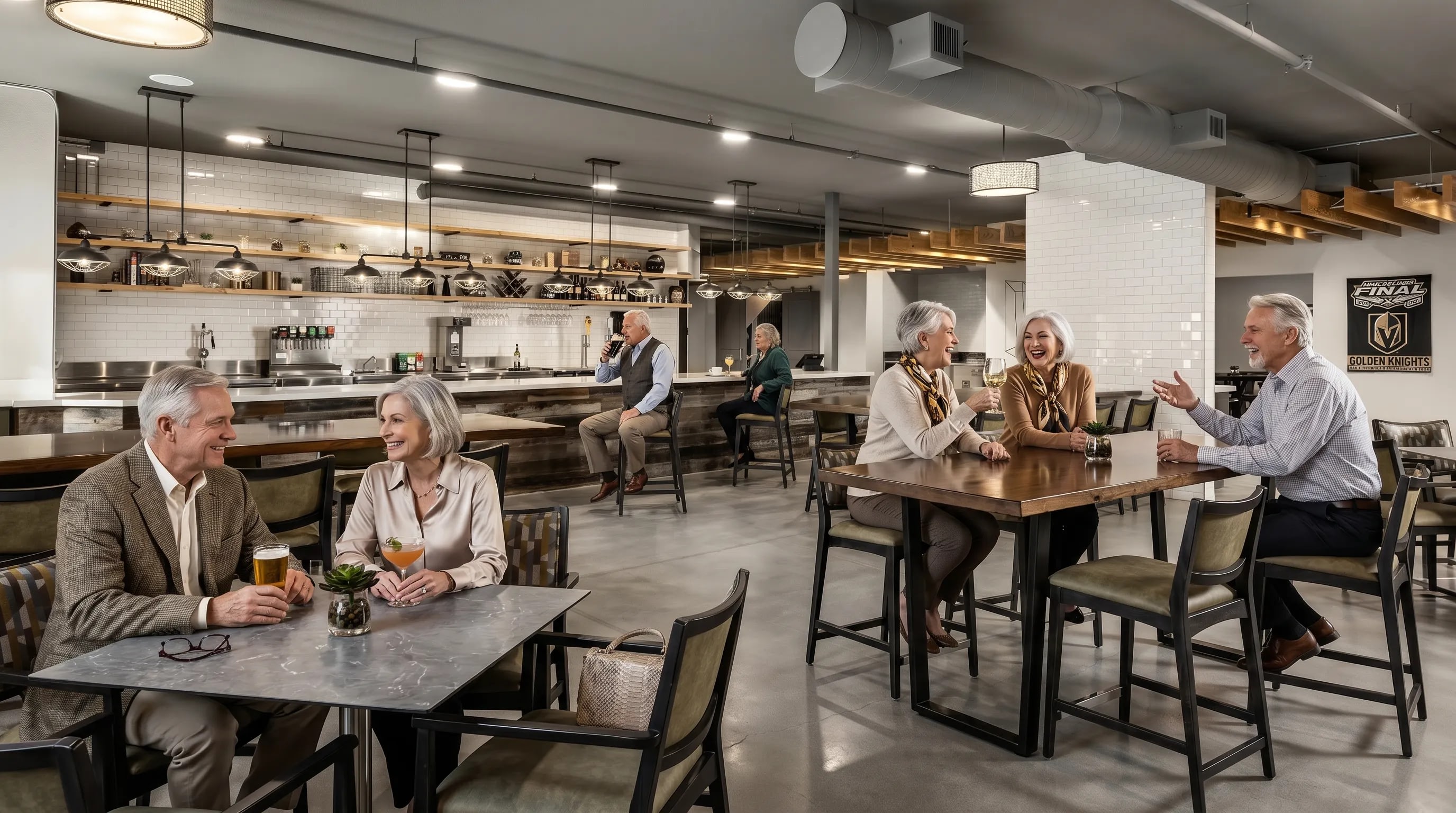 Older adults socializing in modern bar setting