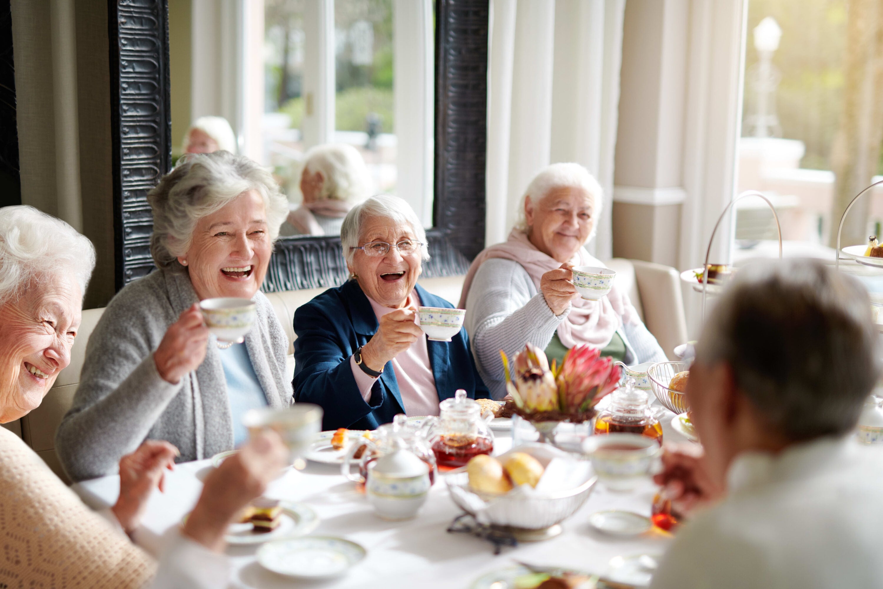 Group of senior women having tea.