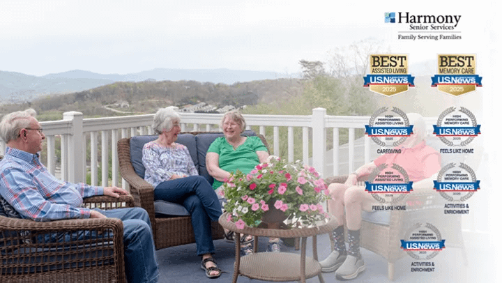 Seniors relaxing on patio at assisted living community