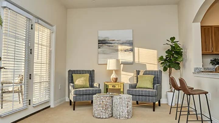 Bright living room with armchairs and ottomans